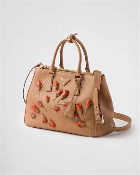 Large Prada Galleria Leather Bag With Floral Appliqués